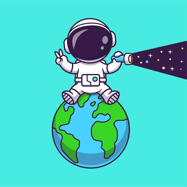 Bezpłatny wektor Ładny astronauta z miejsca na latarkę na ziemi świata świata ikona ilustracja kreskówka wektor nauka