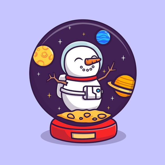 Ładny Bałwan Astronauta W Snow Globe Space Kreskówka Wektor Ikona Ilustracja. Nauka Wakacyjna Ikona