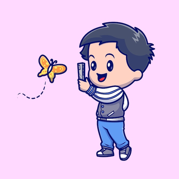 Bezpłatny wektor Ładny chłopak biorąc zdjęcie motyla z telefonu kreskówka wektor ikona ilustracja. ludzie zwierząt odizolowane