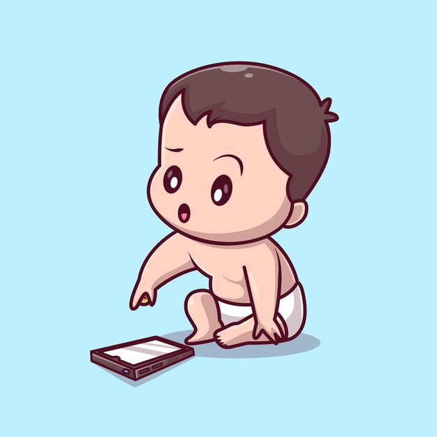 Ładny chłopczyk gra telefon kreskówka wektor ikona ilustracja. Ludzie Technologia Ikona Białym Tle Płaski