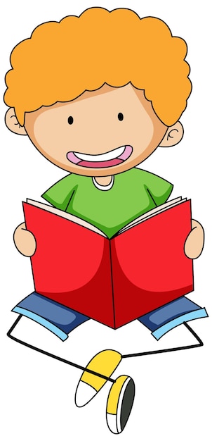 Bezpłatny wektor Ładny chłopiec czytanie książki doodle postać z kreskówki