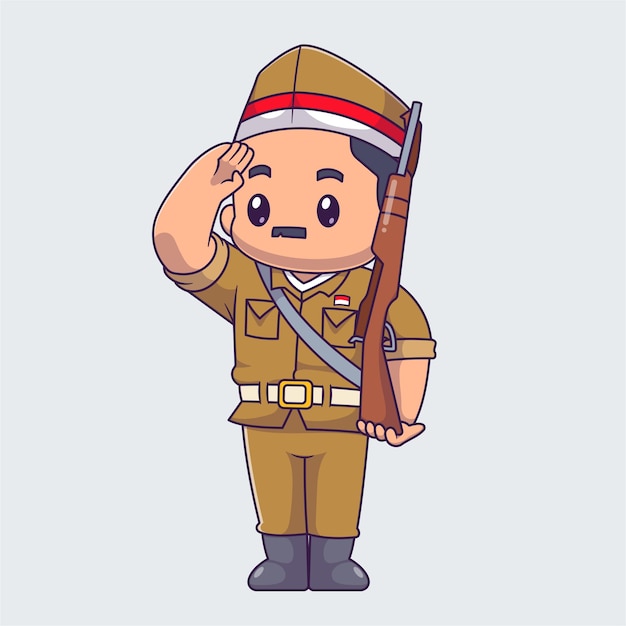 Bezpłatny wektor Ładny indonezyjski żołnierz szacunek kreskówka wektor ikona ilustracja ludzie edukacji ikona na białym tle