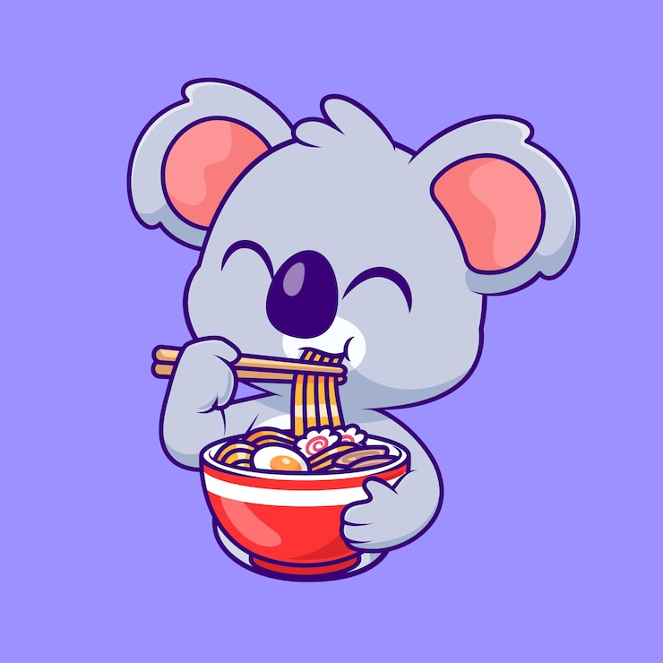 Bezpłatny plik Wektor ładny koala jedzenie makaronu ramen kreskówka wektor ikona ilustracja koncepcja żywności dla zwierząt ikona na białym tle