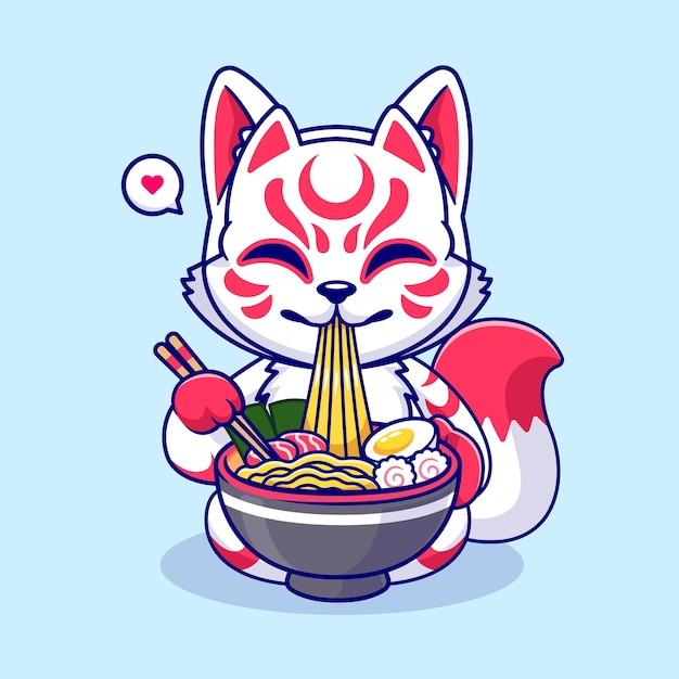 Bezpłatny wektor Ładny lis kitsune jedzenie makaronu ramen kreskówka wektor ikona ilustracja karma dla zwierząt izolowana na płasko