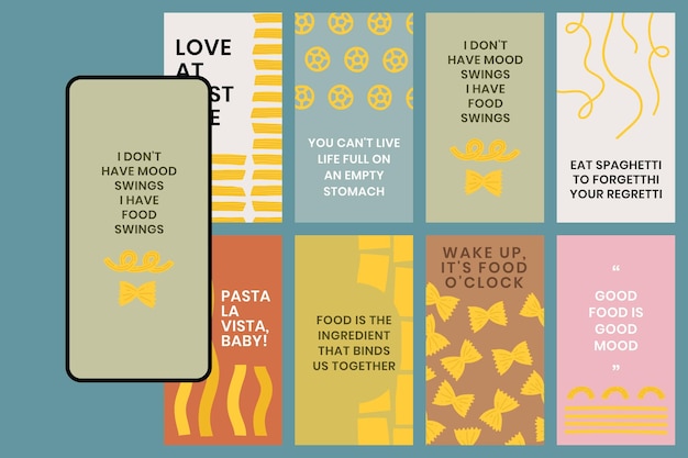 Bezpłatny wektor Ładny makaron doodle szablon wektor z kolekcją historii mediów społecznościowych cytat żywności