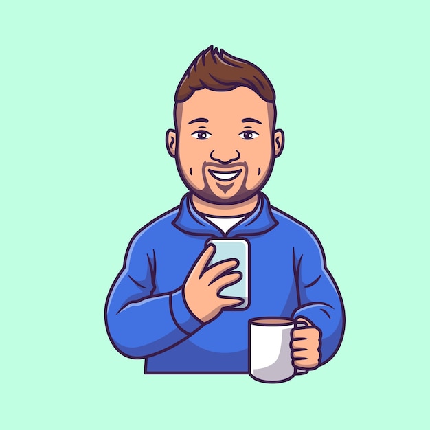 Bezpłatny wektor Ładny mężczyzna gra na telefonie i pije kawę kreskówka wektor ikona ilustracja ludzie technologia na białym tle