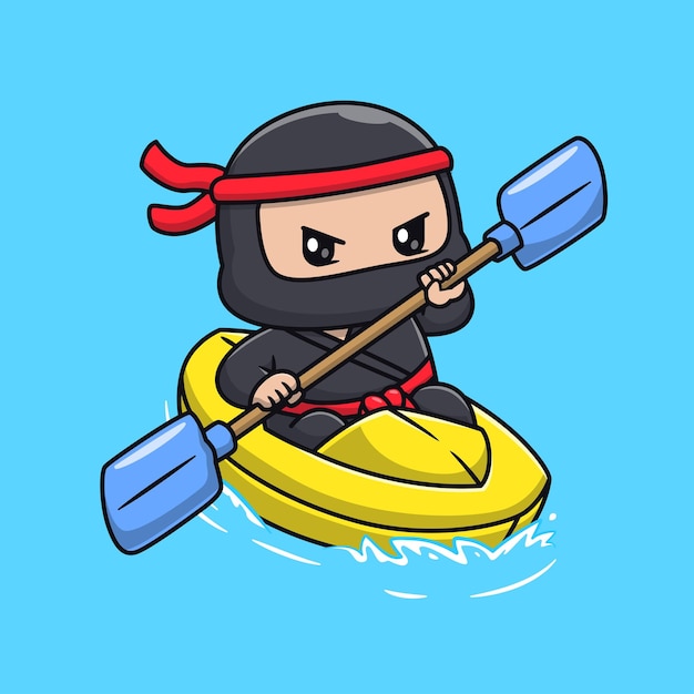 Bezpłatny wektor Ładny ninja jazda łódką rafting kreskówka wektor ikona ilustracja ludzie wakacje ikona białym tle płaskie