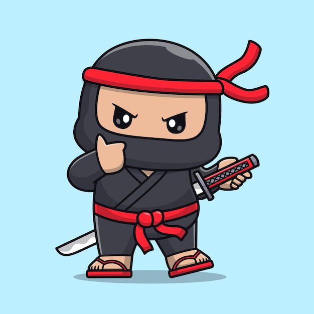 Ładny Ninja Kciuki Do Góry Z Mieczem Kreskówka Wektor Ikona Ilustracja Ludzie Wakacje Ikona Na Białym Tle