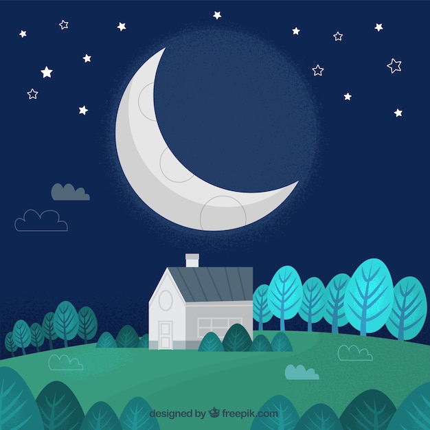 Bezpłatny wektor Ładny nocny krajobraz z księżyca