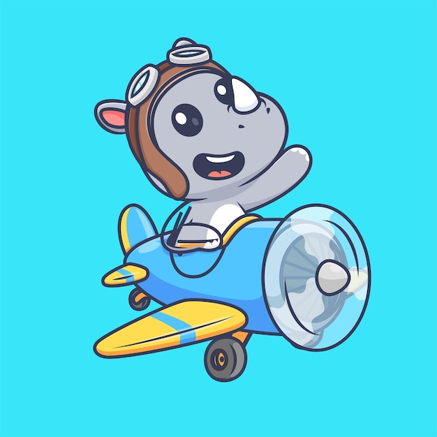 Bezpłatny wektor Ładny nosorożec lot pilotażowy z samolotem kreskówka wektor ikona ilustracja transport zwierząt na białym tle
