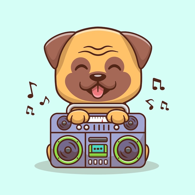 Bezpłatny wektor Ładny pies mops słuchania muzyki z boombox kreskówka wektor ikona ilustracja. izolowana muzyka zwierząt