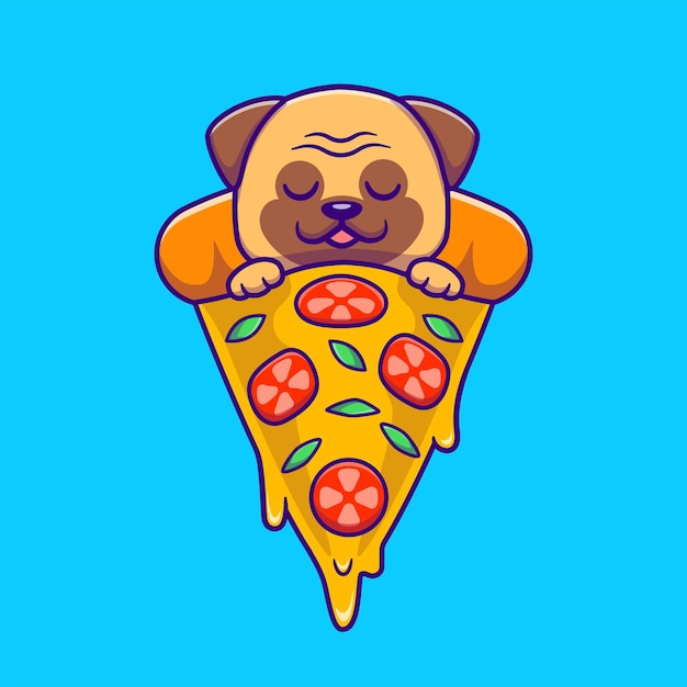 Bezpłatny wektor Ładny pies mops śpi na kawałek pizzy kreskówka wektor ikona ilustracja. płaska kreskówka ikona jedzenia dla zwierząt
