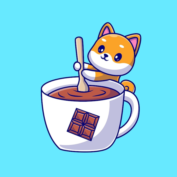 Bezpłatny plik Wektor ładny pies shiba inu mieszania czekolady w filiżance kreskówka wektor ikona ilustracja. napój dla zwierząt na białym tle