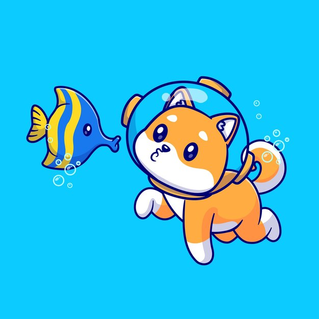 Ładny pies shiba inu nurek bawiący się rybą kreskówka wektor ikona ilustracja. Ikona zwierzęca natura płaska