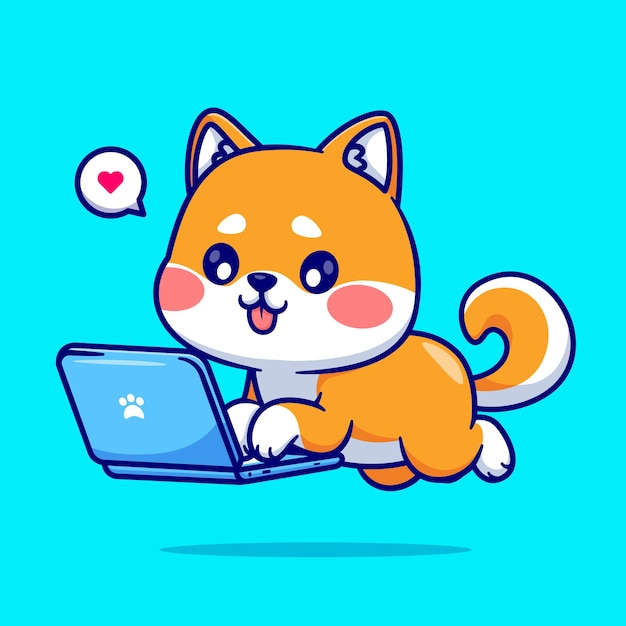 Ładny Pies Shiba Inu Pracuje Na Laptopie Kreskówka Wektor Ikona Ilustracja Technologia Zwierząt Na Białym Tle