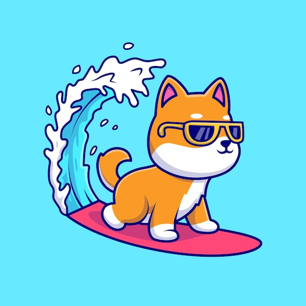 Ładny Pies Shiba Inu Surfing Na Morzu Kreskówka Wektor Ikona Ilustracja. Ikona Sportu Zwierząt Na Białym Tle Płaskie