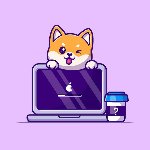 Ładny Pies Shiba Inu Z Laptopem I Kawą Kreskówka Wektor Ikona Ilustracja. Ikona Technologii Zwierzęcej