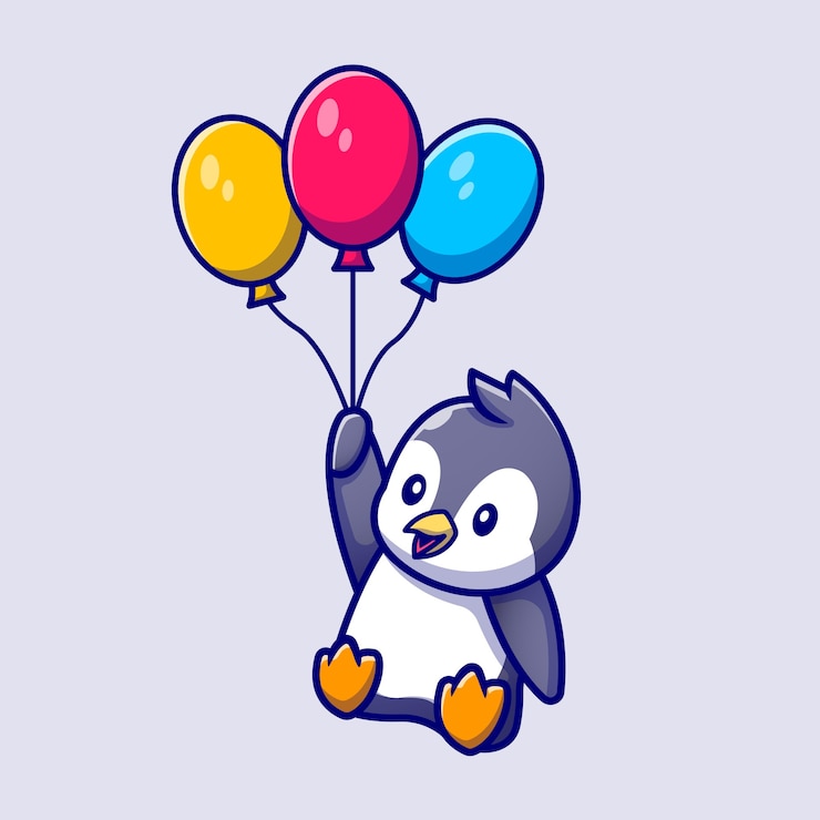 Bezpłatny plik Wektor ładny pingwin latający z balonów ilustracja kreskówka wektor. koncepcja miłości zwierząt na białym tle wektor. płaski styl kreskówki