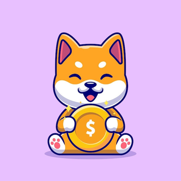 Ładny Shiba Inu gospodarstwa złota moneta kreskówka wektor ikona ilustracja. Koncepcja ikona finansów zwierząt