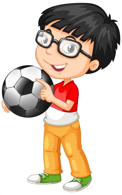 Ładny youngboy postać z kreskówki trzymając piłkę nożną
