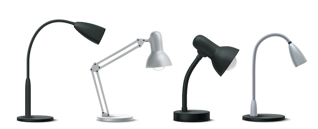 Lampy stołowe realistyczne 3d materiały do pracy biurowej zestaw Srebrne i czarne metalowe żarówki biurkowe nowoczesny i retro design na białym tle urządzenia elektryczne do domowego biura i oświetlenia pokoju Ilustracja wektorowa