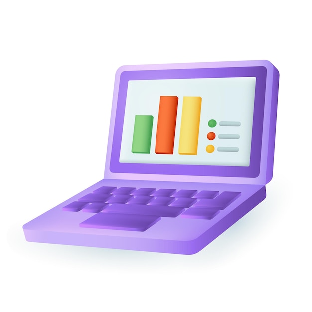 Laptop w stylu kreskówki 3D z elementami infografiki na ikonie ekranu. Analiza danych biznesowych lub ilustracja wektorowa płaska statystyka finansowa. Rozwój, badania, koncepcja zarządzania