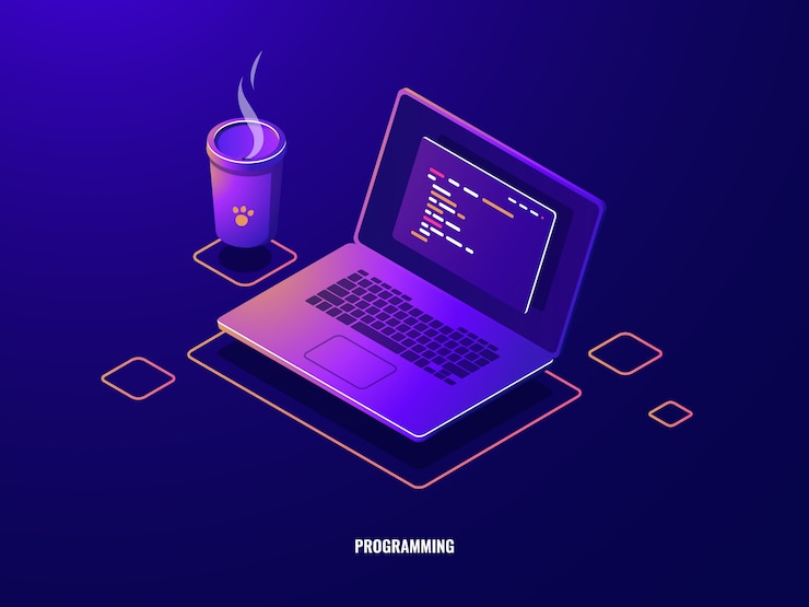 Bezpłatny plik Wektor laptop z ikoną izometryczną z kodem programu, tworzenie oprogramowania i aplikacje do programowania ciemny neon
