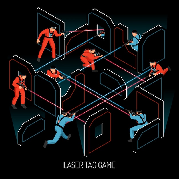 Bezpłatny wektor laserowa etykietki akci dzieciaków gry zespołowej istna gra zespołowa isometric skład z graczami strzela podpalanego wrażliwego cela wektoru ilustrację