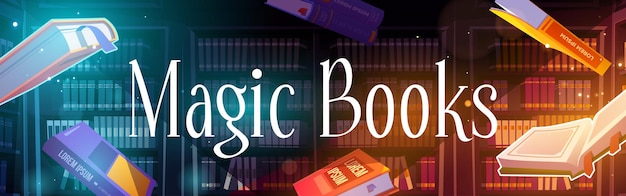 Latające magiczne książki z tajemniczym blaskiem i iskierkami w bibliotece z regałami. Plakat wektorowy prezentacji literatury, festiwalu lub targu z ilustracją kreskówki fantasy