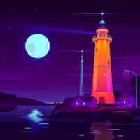 Bezpłatny wektor latarnia morska działa, świecące w nocy na wektor kreskówka nad morzem.