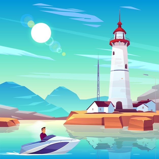 Bezpłatny wektor latarnia morska w porcie i powerboat z człowieka przechodzącego przez mieszkania i wieża stoją na skalistym wybrzeżu w słoneczny dzień