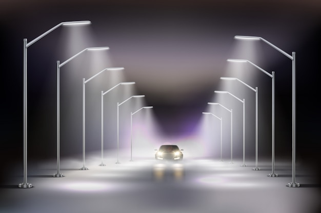 Latarnie uliczne realistyczne w mgła składzie z samochodem w świetle nocy latarni ulicznych ilustracyjnych