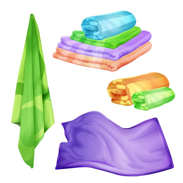 łazienka, zestaw ręczników w kolorze spa. Realistyczne składane, wiszące puszyste bawełniane przedmioty