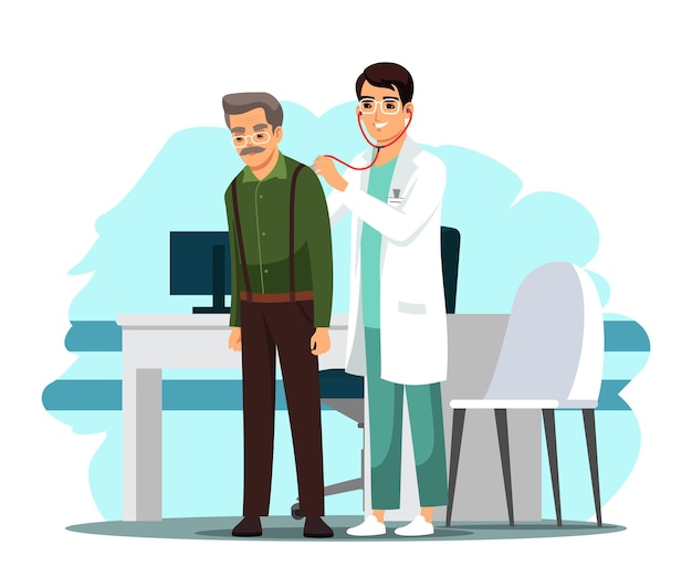 Bezpłatny wektor lekarz robi badanie kontrolne na starym pacjencie w szpitalu mężczyzna słucha oddychania stetoskopem starszy stojący