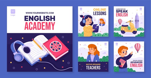 Lekcje angielskiego w Flat Design, posty na Instagramie