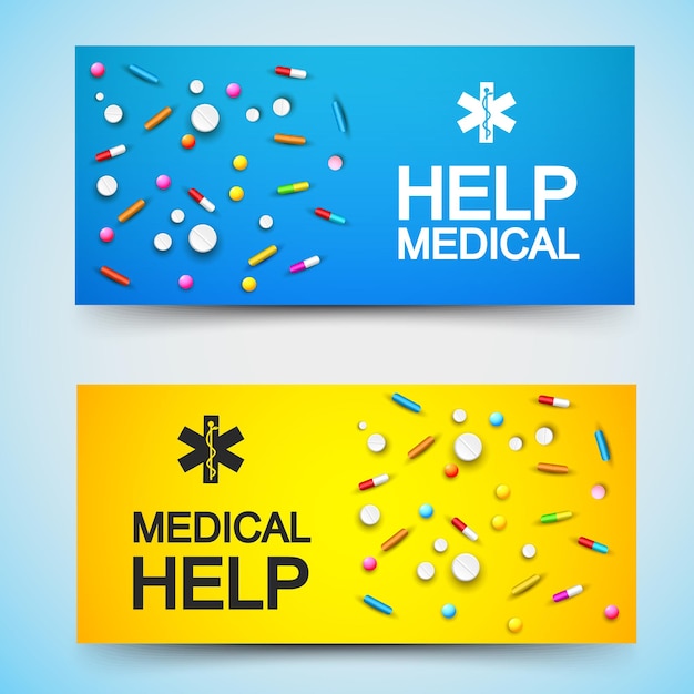 Bezpłatny wektor lekka pomoc medyczna poziome banery z lekami pigułki remediujące tabletki na ilustracji niebieski i pomarańczowy