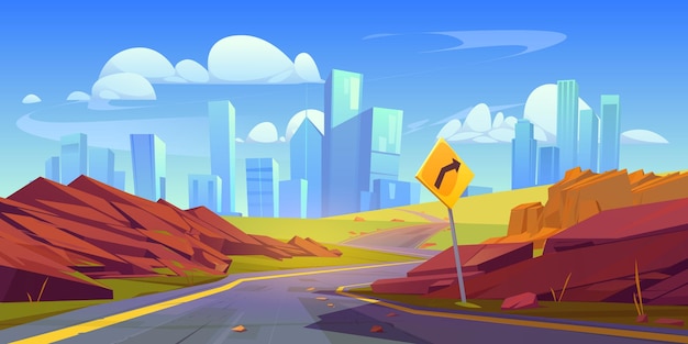 Bezpłatny wektor letni krajobraz miasta z zakrzywioną drogą i czerwoną skałą kreskówka tło wektor zachodnia autostrada z trasą do metropolii pusta miejska panorama z kierunkiem znaku skrętu do amerykańskiego pejzażu miejskiego