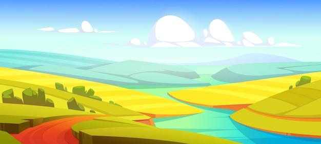 Bezpłatny wektor letni krajobraz z zielonymi polami, rzeką i drogą. ilustracja kreskówka wektor wsi z łąkami i użytkami zielonymi na wzgórzach, strumień wody i wiejska droga nad rzeką