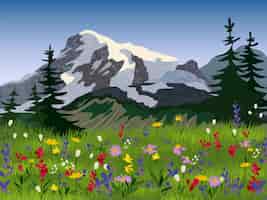 Bezpłatny wektor letni plakat alpejski medow krajobraz
