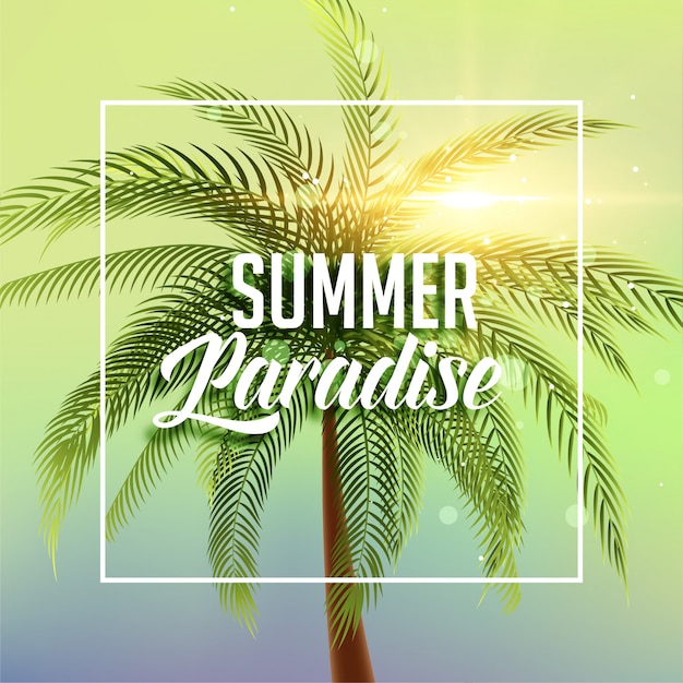 Letni raj plakat z palmą i światłem słonecznym