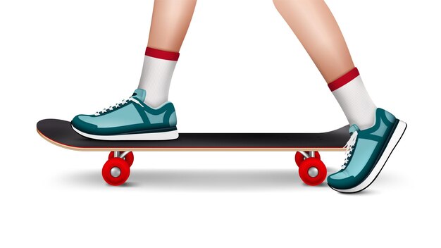 Letnia kompozycja sportowa na świeżym powietrzu przedstawiająca deskorolkę z nogami nastolatka obutymi w trampki