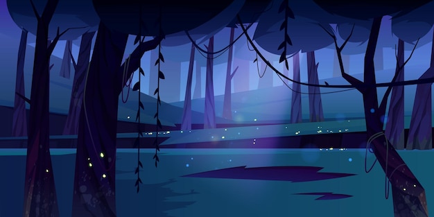Letnia polana leśna z latającymi świetlikami w nocy. Scena dżungli, ogrodu lub naturalnego parku w świetle księżyca. Ilustracja kreskówka wektor ciemnego lasu krajobraz z drzewami i liany