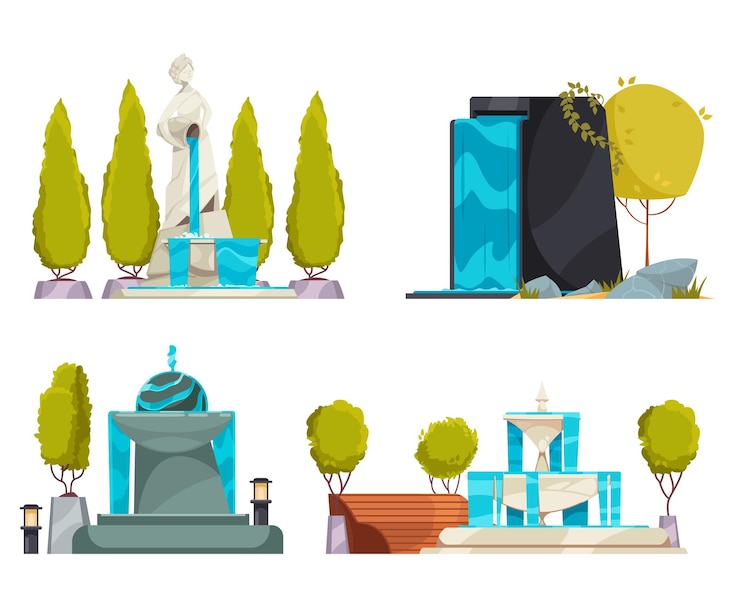 Bezpłatny plik Wektor letnie kompozycje parku miejskiego z fontannami i topiary kreskówka na białym tle ilustracji wektorowych