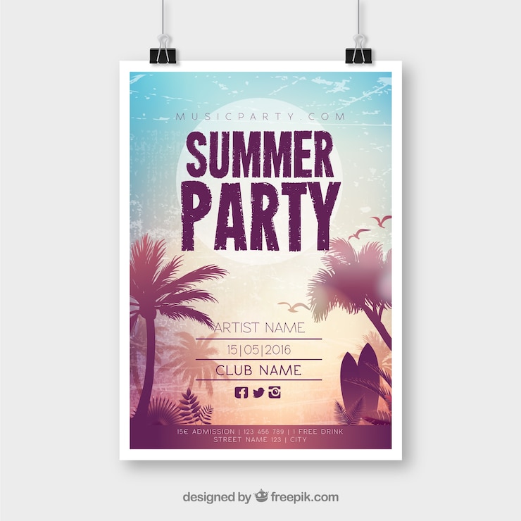 Bezpłatny plik Wektor letnie party plakat z zachodem słońca
