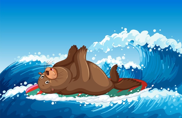 Bezpłatny wektor lew morski na desce surfingowej w oceanie