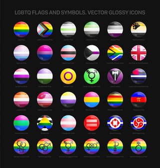 Lgbtqia rainbow pride flagi i symbole 3d błyszczący okrągły zestaw ikon na białym tle na czarnym tle