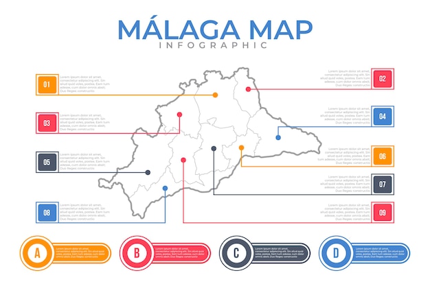 Bezpłatny wektor liniowa płaska mapa malaga