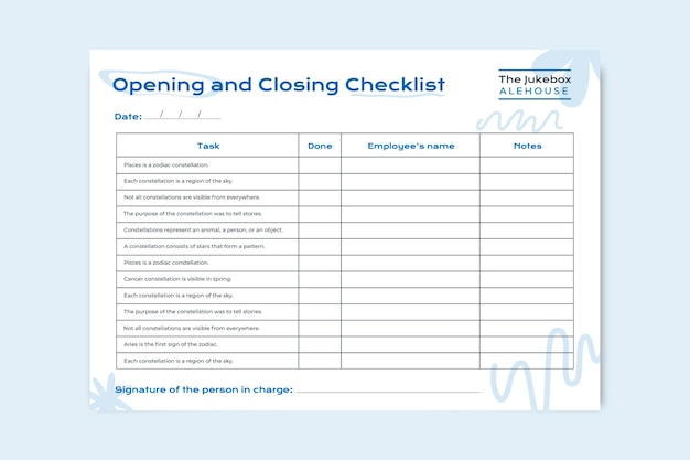 Lista Kontrolna Otwierania I Zamykania Restauracji Doodle