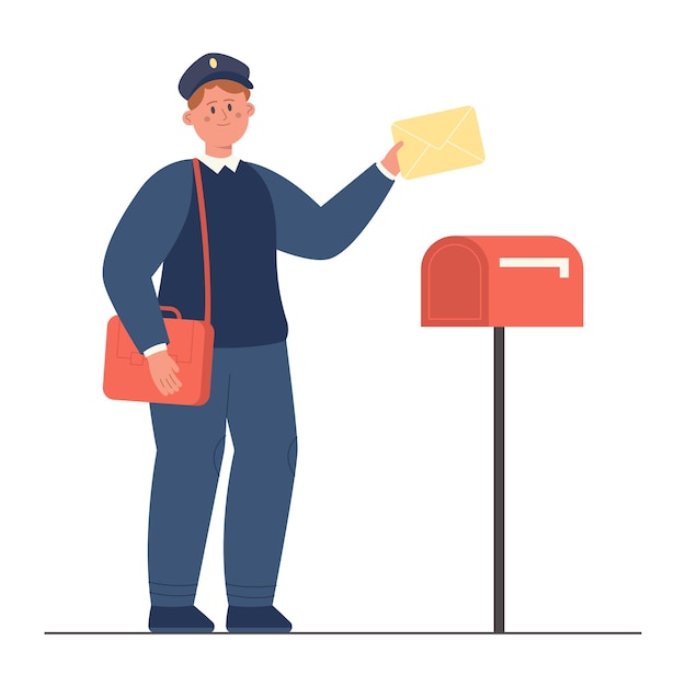 Listonosz trzyma kopertę z listem, stojąc w pobliżu skrzynki pocztowej. Zabawny człowiek z torbą, czapką i mundurem listonosza dostarczającego paczkę pocztową do ilustracji wektorowych płaskiej skrzynki pocztowej. Poczta, koncepcja dostawy
