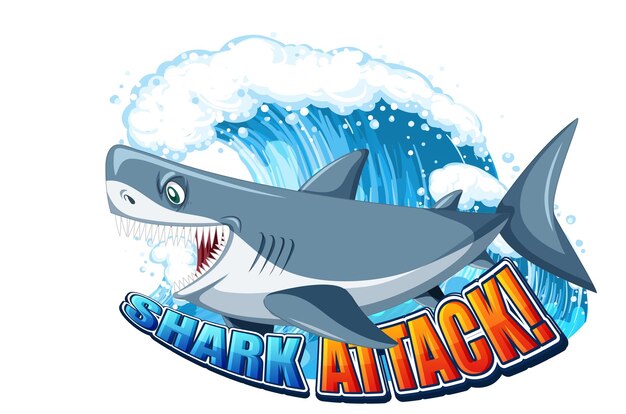 Logo czcionki ataku rekina z kreskówkowym agresywnym rekinem